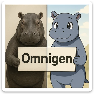 two hippo holding sign of omnigen, half picture 1 hippo is realistic another half is the anime of that same second hippo sticker
