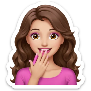 girl with long wavy brown hair, brown eyes, long lashes makeup, pink lips, light to medium complexion, pink sexy top, smiling, hand covering the mouth, giggling sticker