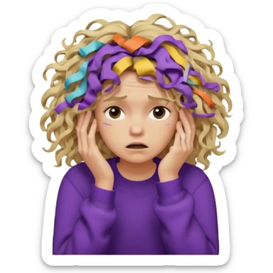 Emoji-style illustration of a frustrated young woman, messy, tangled, curly tousled blonde hair, clearly unkempt and chaotic, wearing a purple sweater, holding her face in her hands, expressing annoyance and disappointment, cartoonish, expressive, simple lines, flat colors, clear silhouette,  sticker