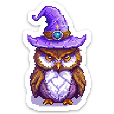 wise owl with a purple wizard hat in pixel art style sticker