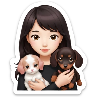 Asain girl with pink blush, wearing a black skinny top, long dark brown curled hair with straight bangs. Carrying a white kitten and a brown dashund puppy.  sticker