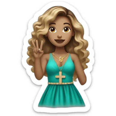 Draw a Latina woman with caramel-colored skin and long wavy dark brown and blonde ombré hair in a turquoise evening dress and wearing a cross necklace, holding up a peace sign sticker
