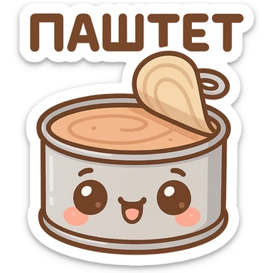 Chibi style cute open pâté tin can, lid partially opened, visible smooth pâté inside, big expressive cartoon eyes on the can, happy smiling face, tiny chubby proportions, kawaii emoji style, thick clean outline, flat illustration, soft pastel colors, simple shapes, no background, Twitch emote style, readable at small size, text on top saying "ПАСТЕТ" in bold cute Cyrillic letters sticker