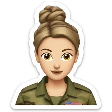 White Woman in camo military uniform , brown hair, sleek hair bun sticker