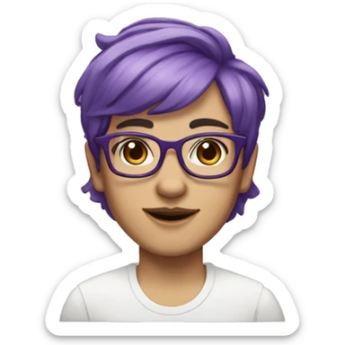 Non binary person with white skin, square glasses, purple hair in a short pixi mullet, brown eyes and a smile  sticker