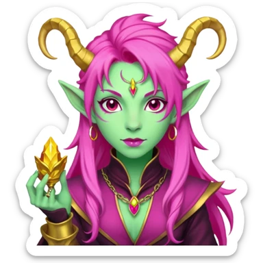 A D&D tiefling with pale green skin and long hot pink hair. She is a rouge and is obsessed with gold sticker