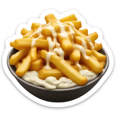 Bowl with fries and cheese curds on top covered in gravy sticker