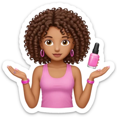 Uma menina com o cabelo cacheado é morena, e com uma regata rosa com unha em gel, é com Baby hair.  sticker