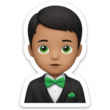 baby boy black hair in suit, with green bow sticker