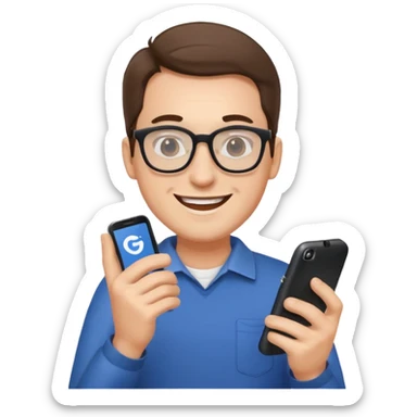 happy man leaving review on google on his phone sticker