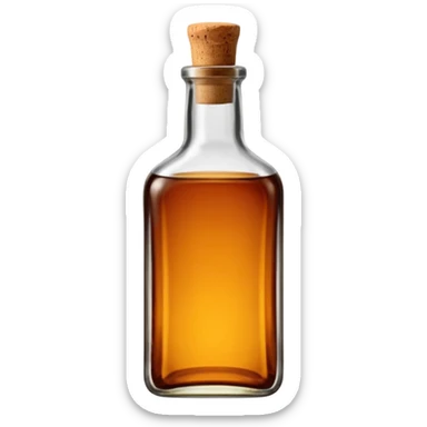 sturdy glass bottle with squared shoulders and a short neck, filled with rich amber-brown liquid, slightly tinted glass showing depth of color inside, capped with a cork or dark metal top, no label, sealed bottle, apple emoji style, soft lighting, subtle shadows, transparent background, emoji scale sticker