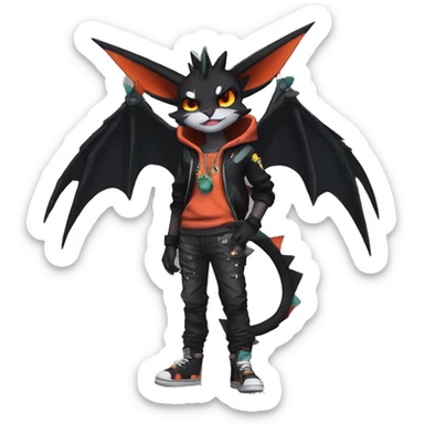 Cool Anthro Black Noivern-Quiana-Litten-Pokémon with edgy stripes hoodie spiked collar punk Full Body sticker