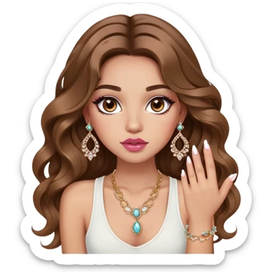 Light skinned girl, long wavy brown hair center-part with face framing pieces, big hazel eyes, lots of jewelry, white tank, prominent blush, sassy, big lips, makeup, fancy long acrylic nails done sticker