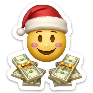 A festive 3D emoji style yellow smiley face wearing a Santa hat, surrounded by stacks of cash and dollar bills, joyful expression, Christmas and New Year theme, high quality, clean design, studio lighting, no text, no background, isolated object, transparent background, emojis.com style sticker