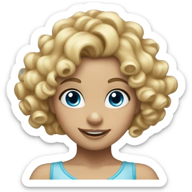 Blonde curly hair girl with blue eyes dancing with a Mickey ears sticker