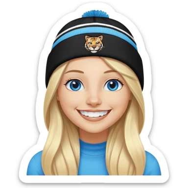 long haired blonde woman with a black bengals beanie on. she is smiling with white teeth and blue eyes. sticker