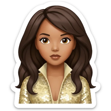 LeToya Luckett from Destiny's Child with long dark brown hair, cream sequin outfit sticker