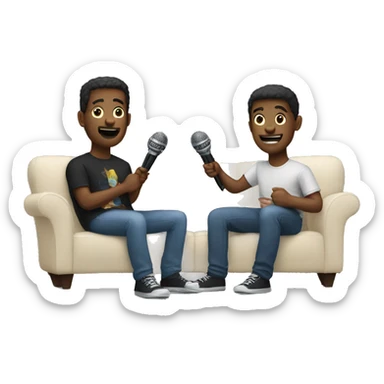 Two friends sitting on couch holding microphones sticker