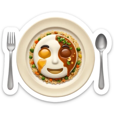 3D emoji of a dirty plate after eating, leftover food scraps, vegetable pieces, rice grains, sauce stains on the plate, fork and spoon placed beside the plate, no face, no character, no human features, realistic food leftovers, clean and simple background, soft lighting, high quality, emoji style sticker