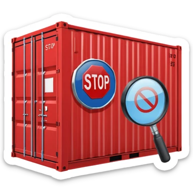 stop sign and a shipping container with a magnifying glass, representing customs inspection sticker
