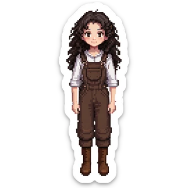 white girl with very curly dark brown hair, brown eyes, wearing farm clothes sticker