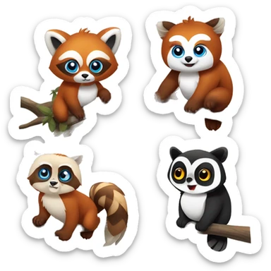 Red panda with brown eyes and an owl with blue eyes and tan golden feathers the owl is standing on a branch and the panda is hanging from it sticker