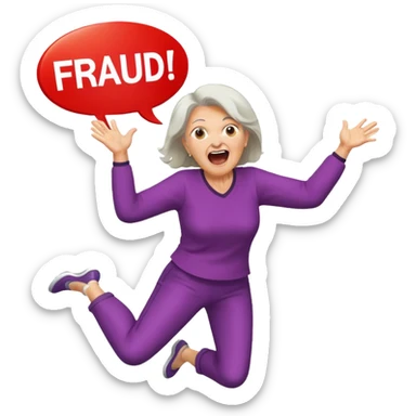 Older Woman jumping screaming and word “fraud” in a bubble sticker