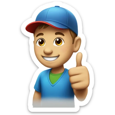 A Happy boy showing thumbs up having text in his cap as LENOVO sticker