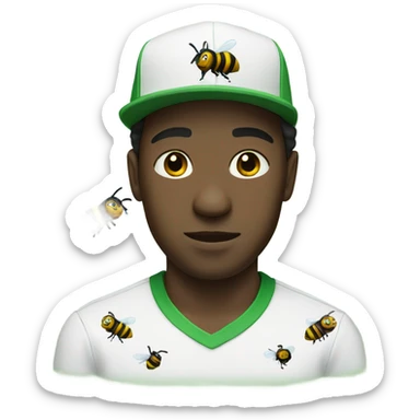Black man with a white shirt and green cap with his face covered by a bee flying through sticker