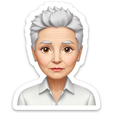 Elderly Marian Pabón with elegant facial features, light rosy complexion, expressive eyes with age lines, medium well-defined lips, sophisticated pronounced cheekbones, short spiky silver hair styled like a men's cut, dressed in a crisp white button-up shirt sticker