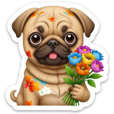 pug dog holding flowers sticker