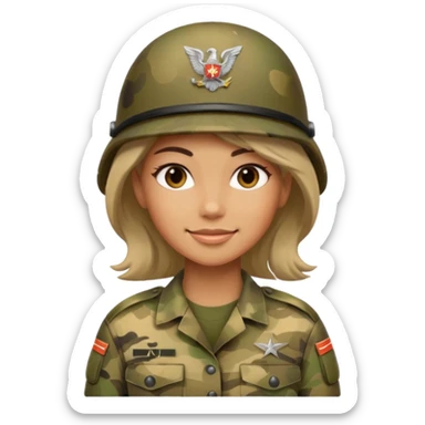 Female soldier emoji in Apple style, no cap/helmet, bust portrait, gentle smile, generic camo, hair visible, soft gradients, transparent PNG sticker