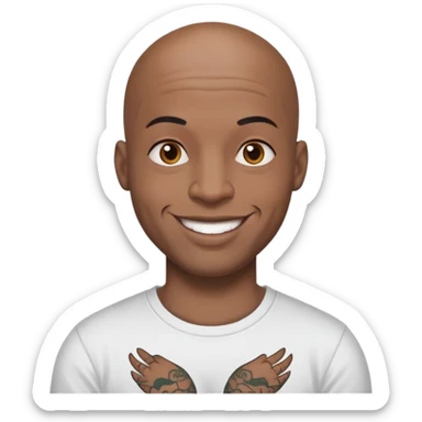 bald black man with bold full face tattoos, happy face, wearing a t-shirt sticker