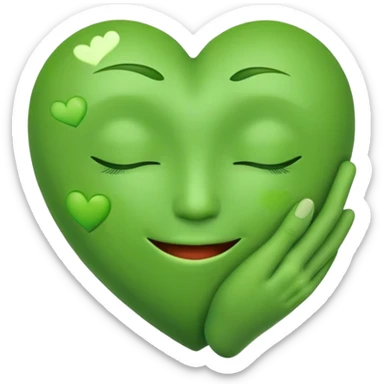 green face emoticon with closed eyes hugging a green heart, expressing care and support sticker