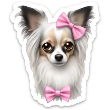 white with black and white long haired chihuahua with white stripe on forhead a cute pink bow sticker
