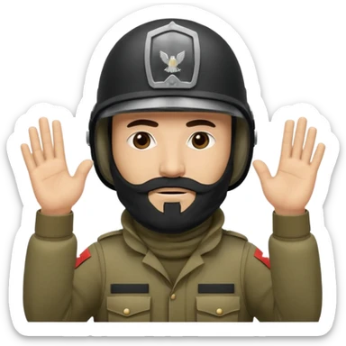 surrenders, depicts an Iraqi soldier from 1980, with a beard, in a helmet, with a balaclava, with a sad face and raised hands sticker