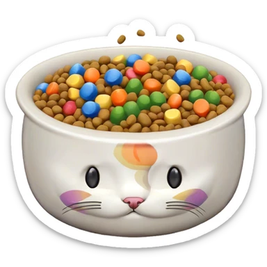 cat food bowl with, the food is piled on top of the bowl where it is so full. Make the kibble in the food bowl white with rainbow pieces sticker