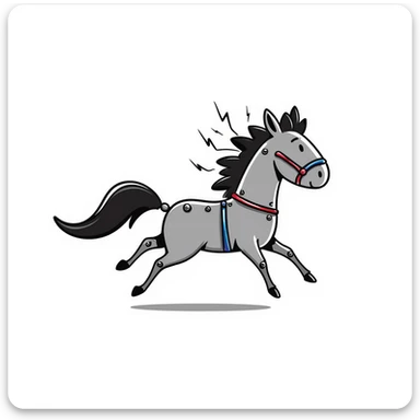 Fast running electric horse constructed from metal plates, bolts, blue and red wires, with electricity and lightning coursing through its body sticker