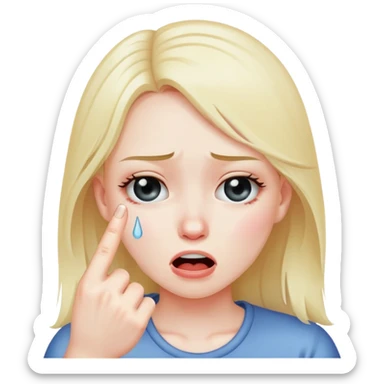 A girl crying while holding up the middle finger sticker