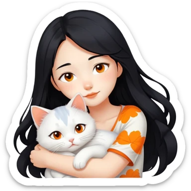 East Asian girl with long flowing black hair hugging a predominantly white cat with orange patches, sweet and gentle, cute facial expressions sticker
