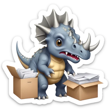 angry office triceratops holding a huge boxe bursting with a lot of documents and papers sticker