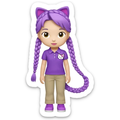 hello kitty wearing purple polo shirt and kyaki pants with long fishtail braids baddie with 2025 efect sticker