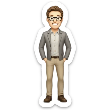 Joyful Pale skinned Fit Man With dark brown hair in gray jacket, beige office shirt, Brown pants and vintage glasses. His thrumbs up sticker