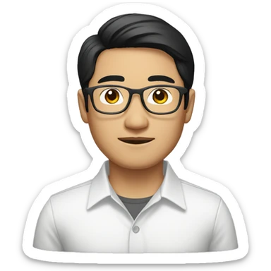 a shoulder length black-haired handsome asian man, using glasses, with mustache, wearing white shirt sticker