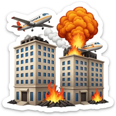two building with airplane crashing into it sticker