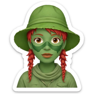 messy green full face green clay mask and tourist hat red hair  sticker