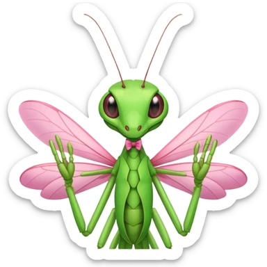 Praying mantis with hands up front wearing a pink bow sticker