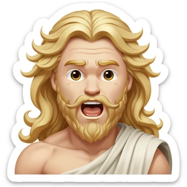 Cinematic Realistic Thor Portrait, head tilted slightly with a dramatic, wide-open yawn, revealing a moment of unguarded human vulnerability amidst his divine stature. His fair, luminous skin and elegantly styled, wavy golden hair maintain their sculptural perfection even in repose. Dressed in a flowing white toga with understated golden accents, the portrait is bathed in soft natural light, capturing a rare glimpse of relaxed, timeless strength from a Greek god reborn. sticker