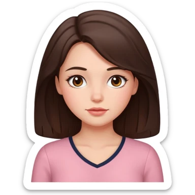 Brunette girl with chest length brunette hair and blush sticker