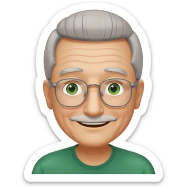 Old man with receding hair, grey hair only on the sides, green eyes, rectangular reading glasses, rounded clear face, with a smile sticker